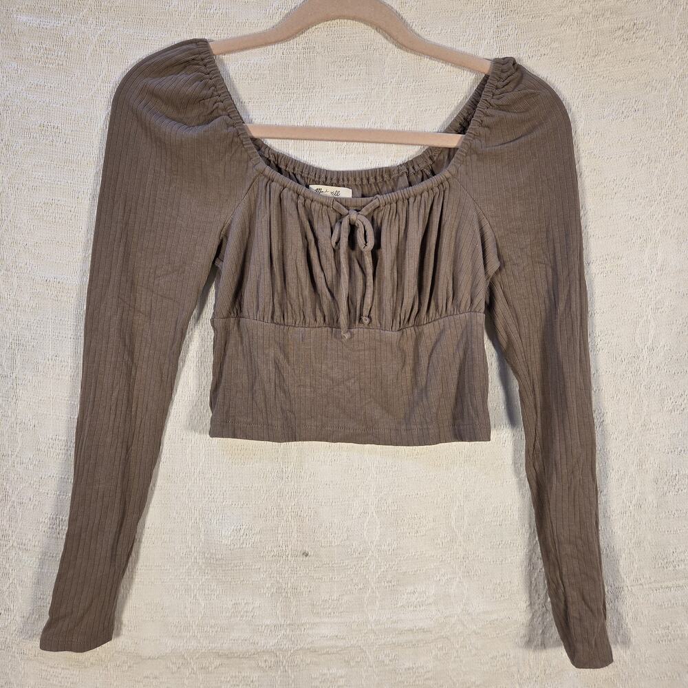 Madewell Milkmaid Ribbed Long Sleeve Crop Top Sm Brown Tie‎ Front Square Neck